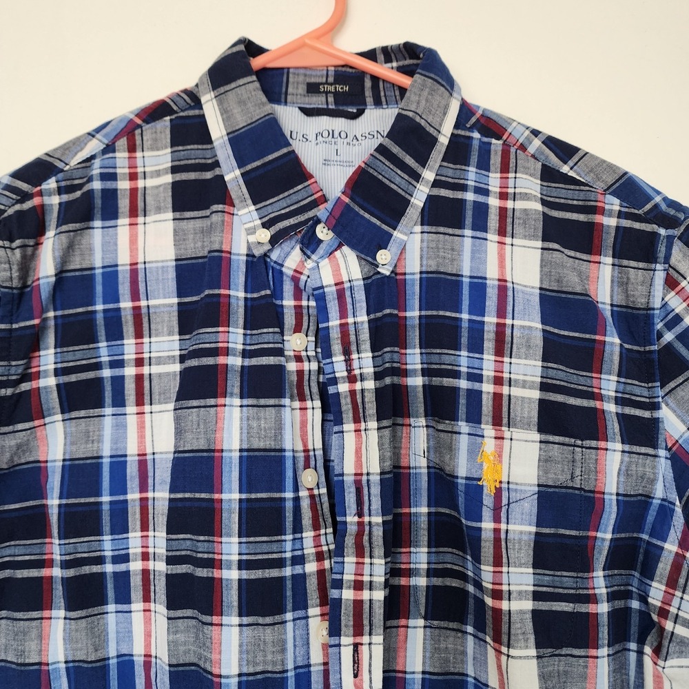 U.S. Polo Assn Plaid Button Front Shirt Men's Large Blue Red Stretch Casual